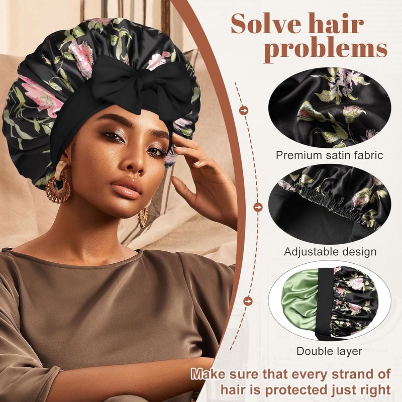 CHLINS Satin Bonnet Silk Bonnet for Sleeping Silk Sleep Cap Double Layer Hair Bonnet with Elastic Tie Band for Curly Hair Night Cap (Black flower+Green) - Image 4